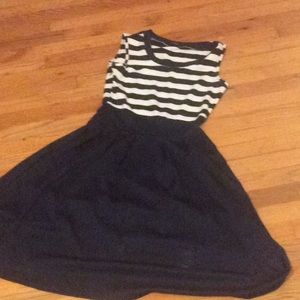 A 95% rayon 5% polyester striped blue navy dress